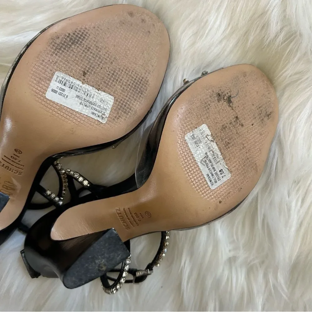 Schutz Sandal Heels Rowenah Black Crystal Embellishment Size 7.5 Rhinestone